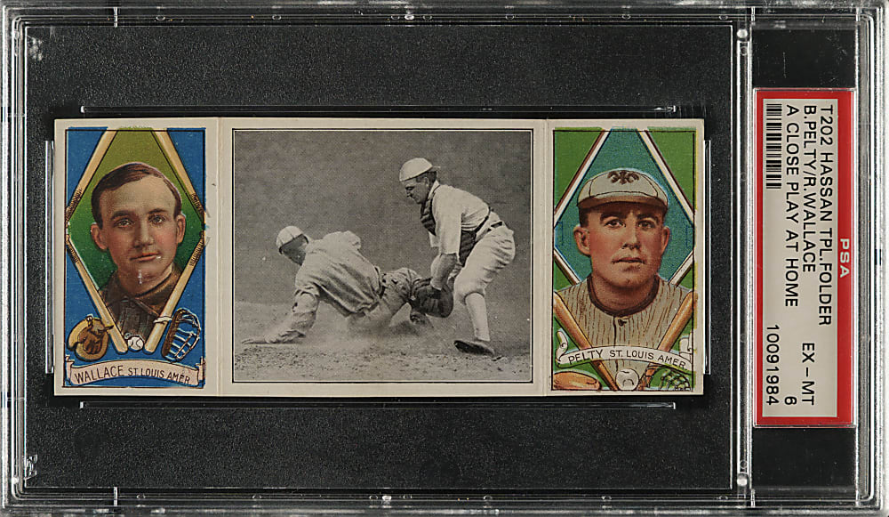 1912 T202 Hassan Triple Folder "A Close Play At Home" Bobby Wallace/Pelty PSA EX-MT 6