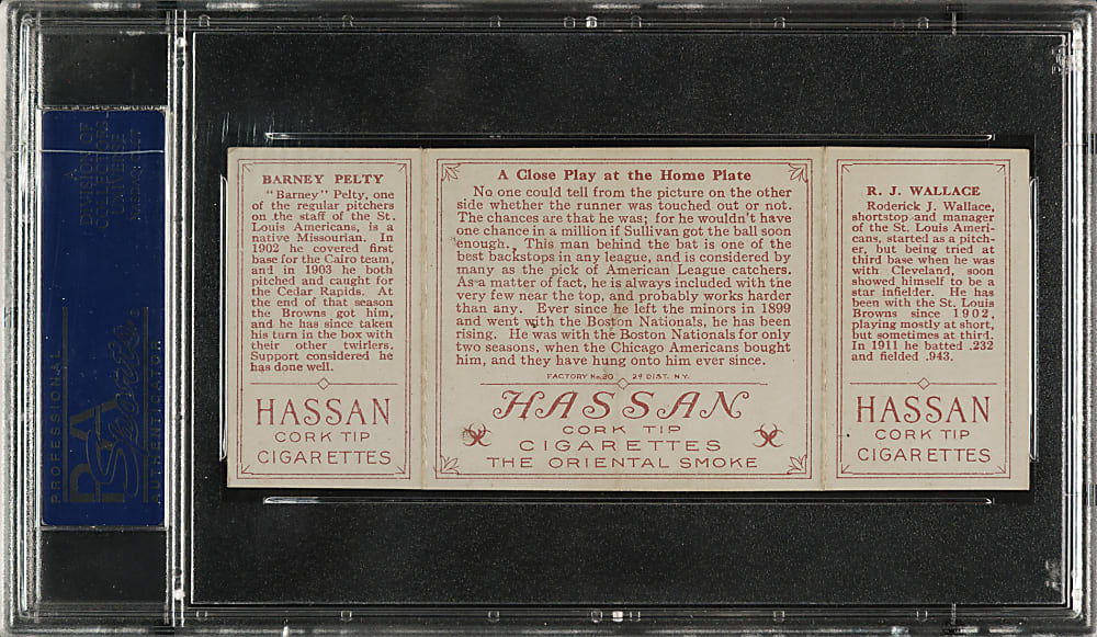 1912 T202 Hassan Triple Folder "A Close Play At Home" Bobby Wallace/Pelty PSA EX-MT 6