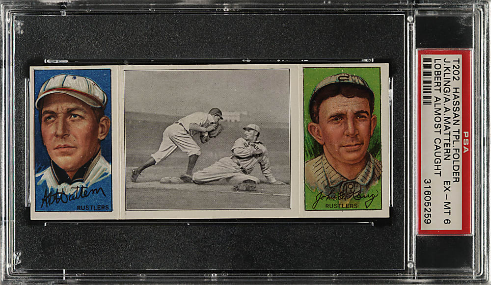 1912 T202 Hassan Triple Folder "Lobert Almost Caught" Mattern/Kling PSA EX-MT 6