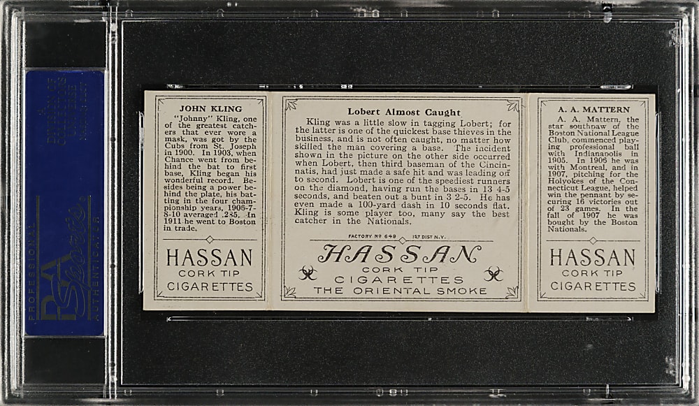 1912 T202 Hassan Triple Folder "Lobert Almost Caught" Mattern/Kling PSA EX-MT 6