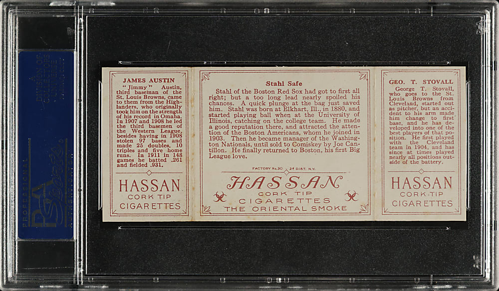 1912 T202 Hassan Triple Folder "Stahl Safe" Stovall/Austin PSA EX-MT 6