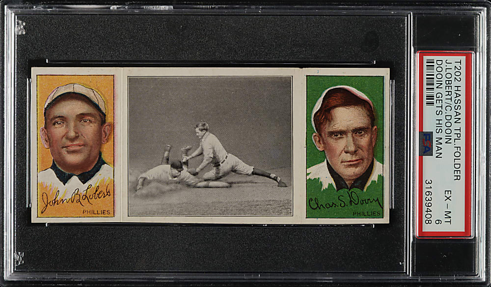 1912 T202 Hassan Triple Folder "Dooin Gets His Man" Lobert/Dooin PSA EX-MT 6