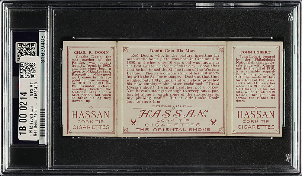 1912 T202 Hassan Triple Folder "Dooin Gets His Man" Lobert/Dooin PSA EX-MT 6