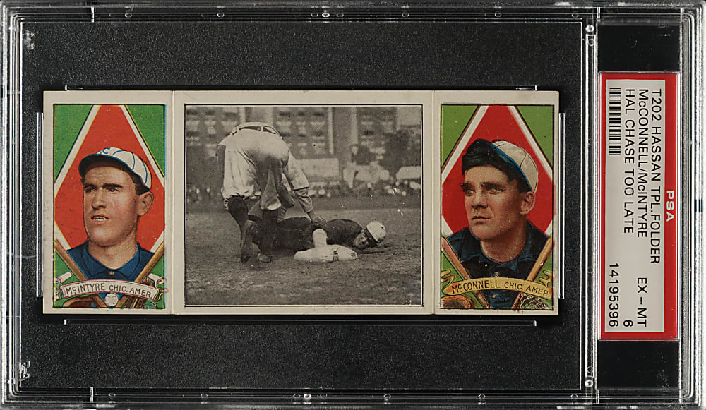 1912 T202 Hassan Triple Folder "Hal Chase Too Late" McConnell/McIntyre PSA EX-MT 6