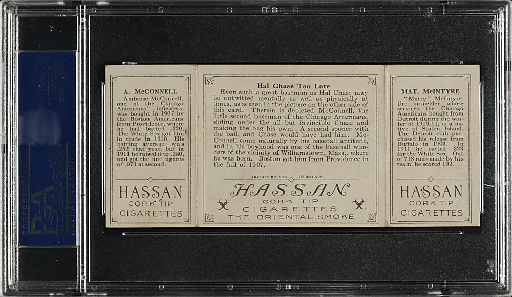 1912 T202 Hassan Triple Folder "Hal Chase Too Late" McConnell/McIntyre PSA EX-MT 6