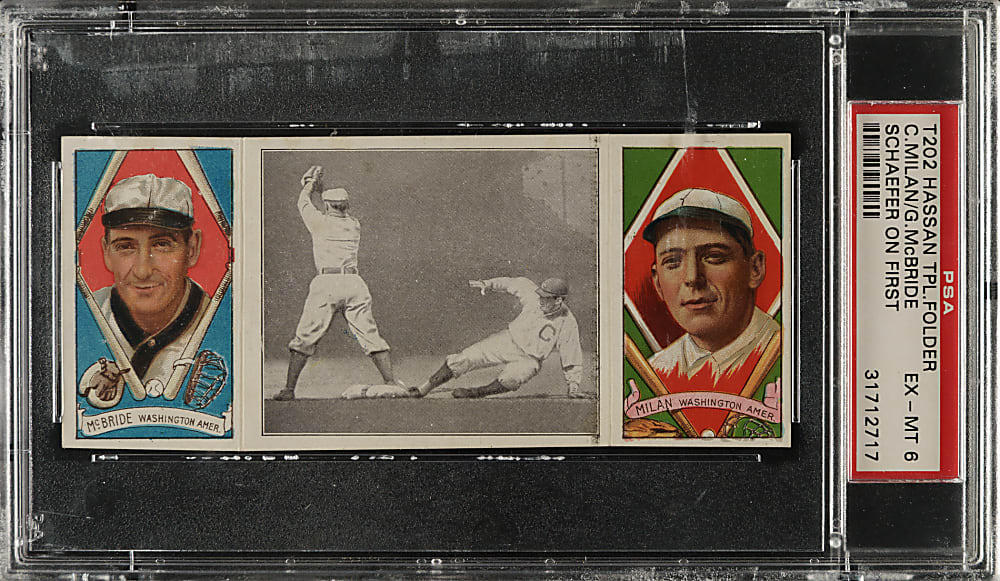 1912 T202 Hassan Triple Folder "Schaefer on First" McBride/Milan PSA EX-MT 6