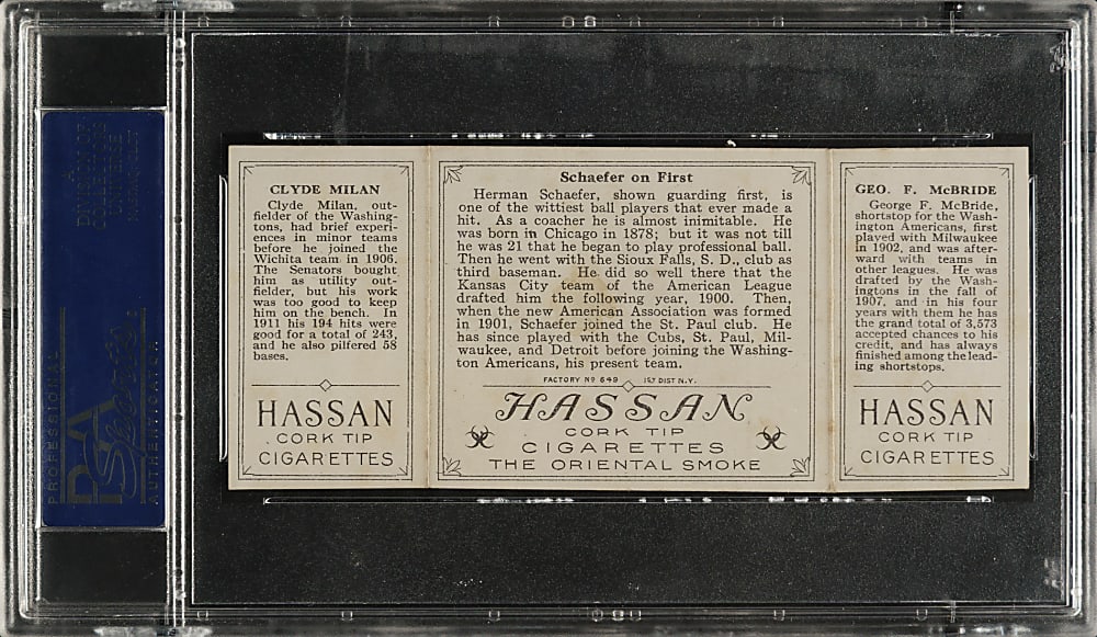 1912 T202 Hassan Triple Folder "Schaefer on First" McBride/Milan PSA EX-MT 6