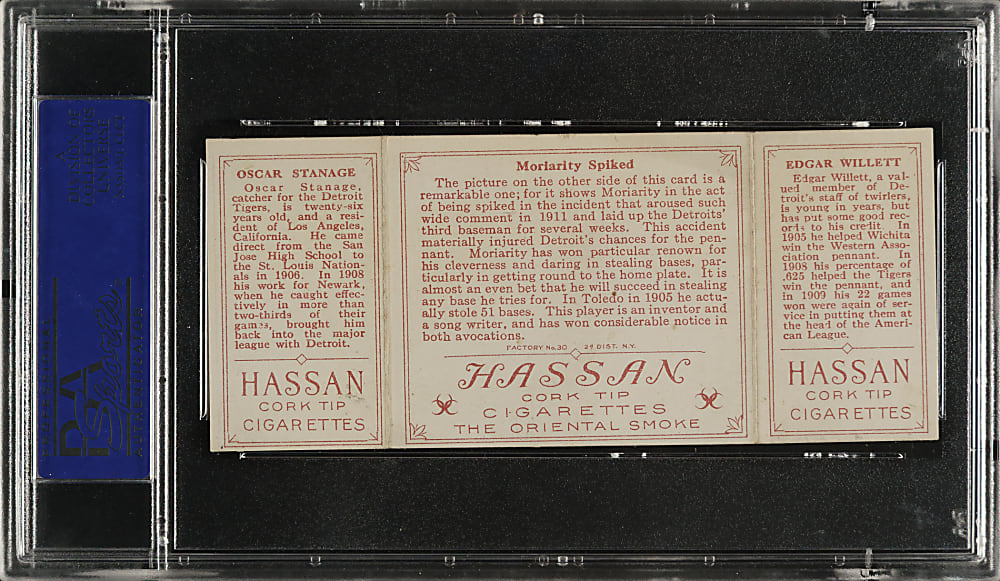 1912 T202 Hassan Triple Folder "Moriarity Spiked" Willett/Stanage PSA EX-MT 6