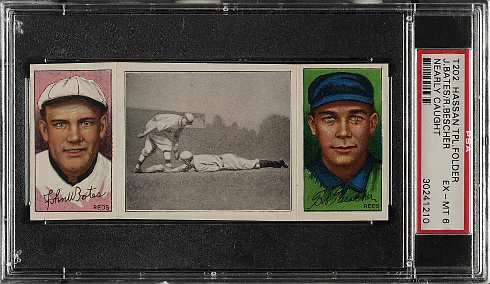 1912 T202 Hassan Triple Folder "Nearly Caught" Bescher/Bates PSA EX-MT 6