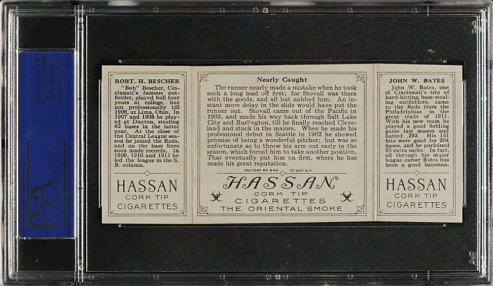 1912 T202 Hassan Triple Folder "Nearly Caught" Bescher/Bates PSA EX-MT 6