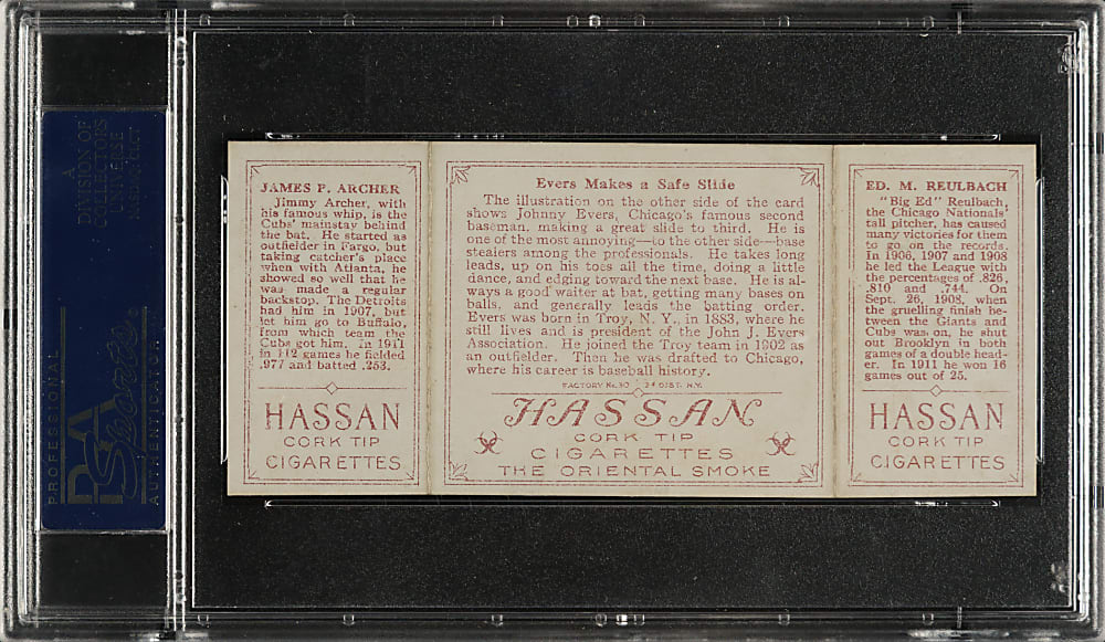 1912 T202 Hassan Triple Folder "Evers Make A Safe Slide" Archer/Reulbach PSA EX-MT+ 6.5