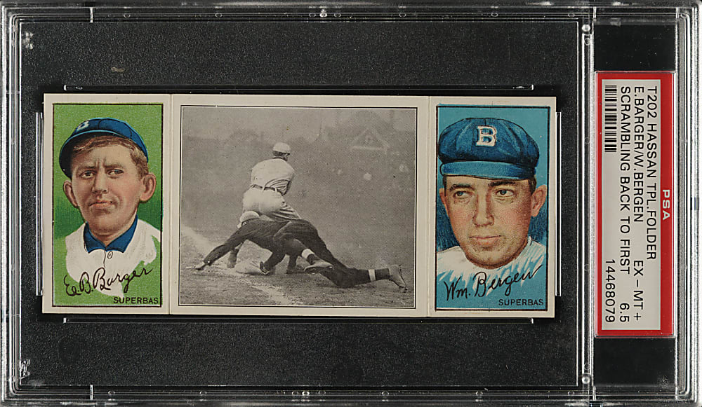 1912 T202 Hassan Triple Folder "Scrambling Back To First" Bergen/Barger PSA EX-MT+ 6.5
