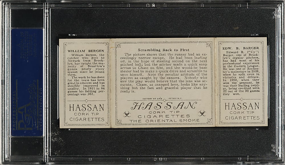 1912 T202 Hassan Triple Folder "Scrambling Back To First" Bergen/Barger PSA EX-MT+ 6.5