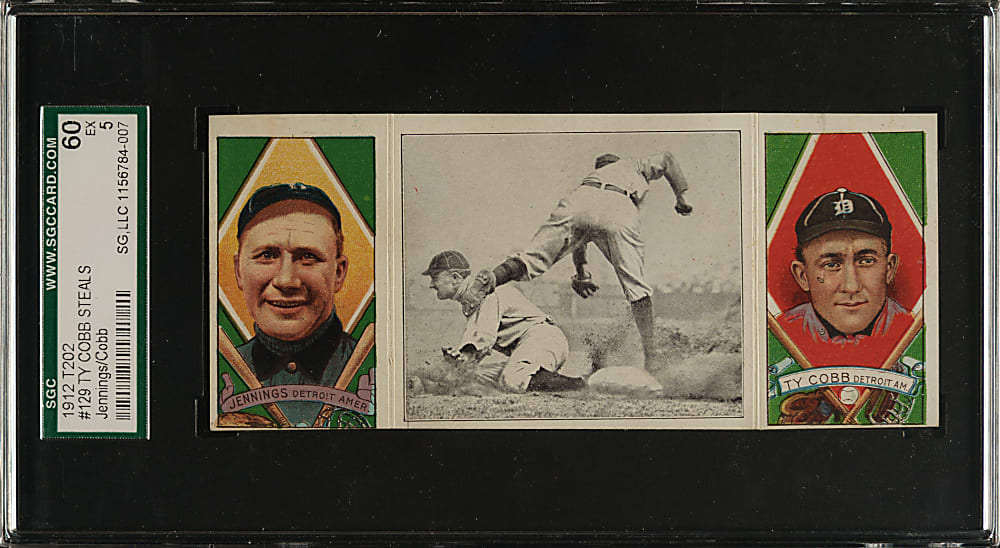 1912 T202 Hassan Triple Folder "Ty Cobb Steals Third" Ty Cobb/Hughie Jennings SGC EX 60