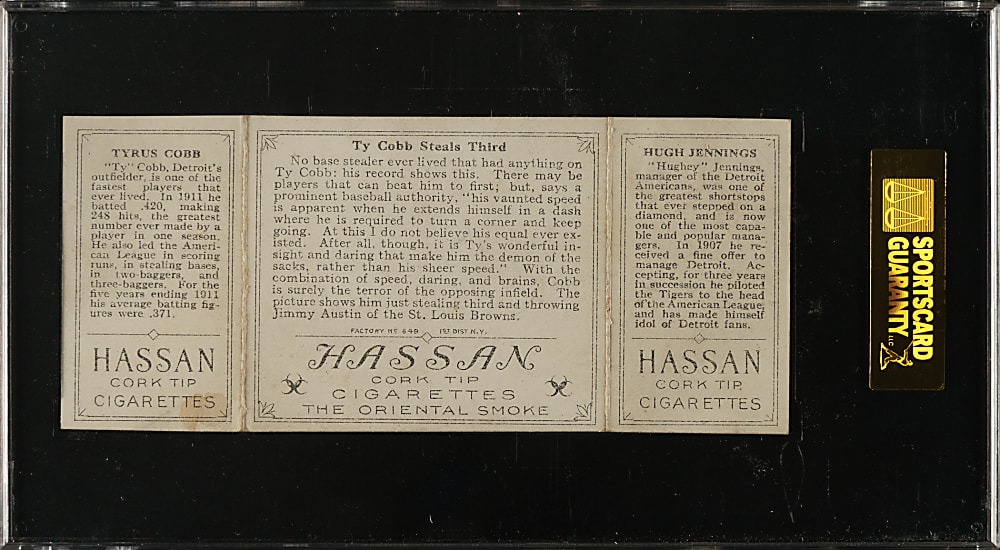1912 T202 Hassan Triple Folder "Ty Cobb Steals Third" Ty Cobb/Hughie Jennings SGC EX 60