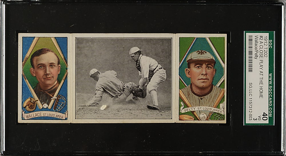 1912 T202 Hassan Triple Folder "A Close Play At Home" Bobby Wallace/Pelty SGC VG 40