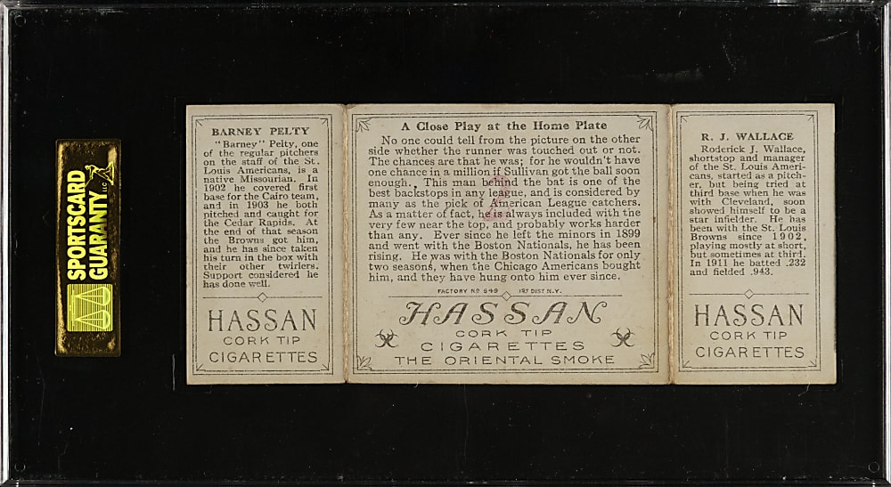 1912 T202 Hassan Triple Folder "A Close Play At Home" Bobby Wallace/Pelty SGC VG 40