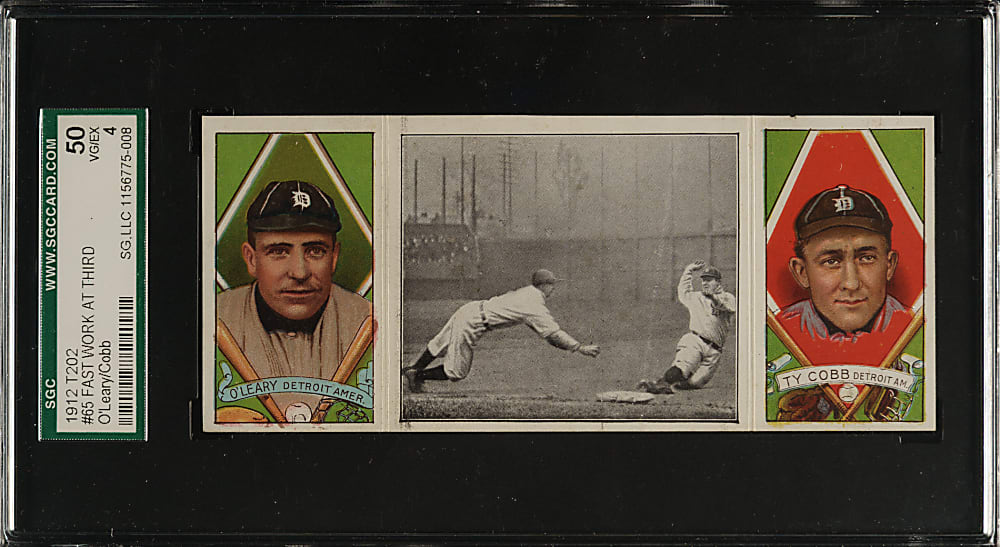 1912 T202 Hassan Triple Folder "Fast Work at Third" Ty Cobb/O'Leary SGC VG/EX 50