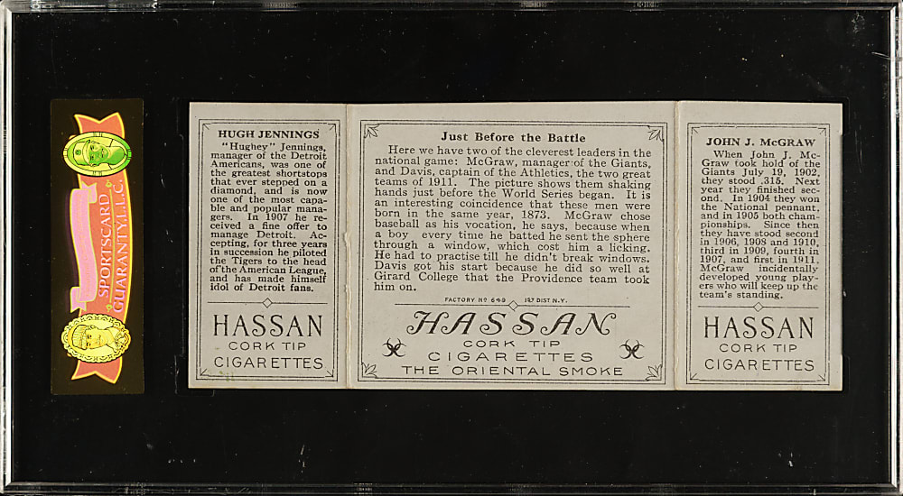 1912 T202 Hassan Triple Folder "Just Before The Battle" Hugh Jennings/John McGraw SGC EX/NM 80