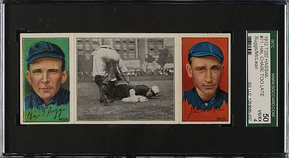 1912 T202 Hassan Triple Folder "Hal Chase Too Late" Suggs/McLean SGC VG/EX 50