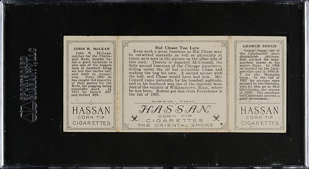1912 T202 Hassan Triple Folder "Hal Chase Too Late" Suggs/McLean SGC VG/EX 50