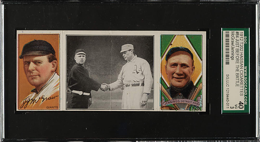 1912 T202 Hassan Triple Folder "Just Before the Battle" John McGraw/Hugh Jennings SGC VG 40