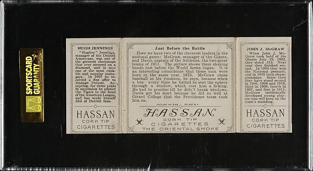 1912 T202 Hassan Triple Folder "Just Before the Battle" John McGraw/Hugh Jennings SGC VG 40