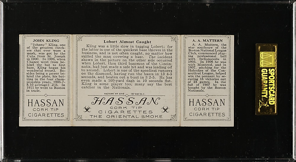 1912 T202 Hassan Triple Folder "Lobert Almost Caught" Mattern/Kling SGC VG/EX 50