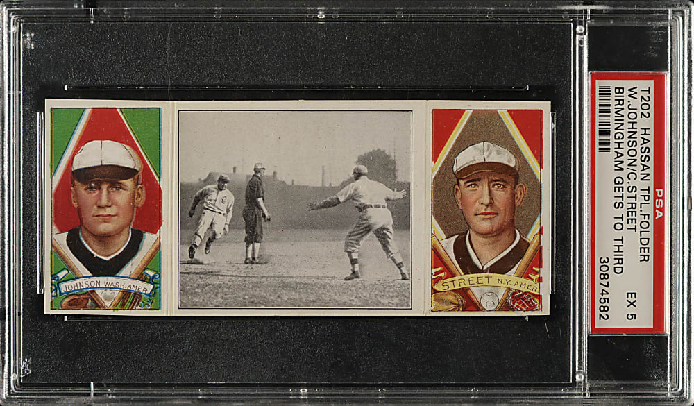 1912 T202 Hassan Triple Folder "Birmingham Gets To Third" Walter Johnson/Street PSA EX 5