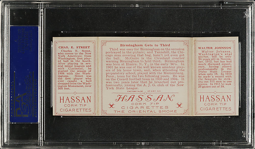 1912 T202 Hassan Triple Folder "Birmingham Gets To Third" Walter Johnson/Street PSA EX 5