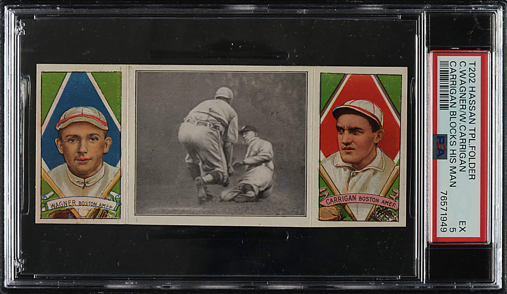 1912 T202 Hassan Triple Folder "Carrigan Blocks His Man" Carrigan/Wagner PSA EX 5