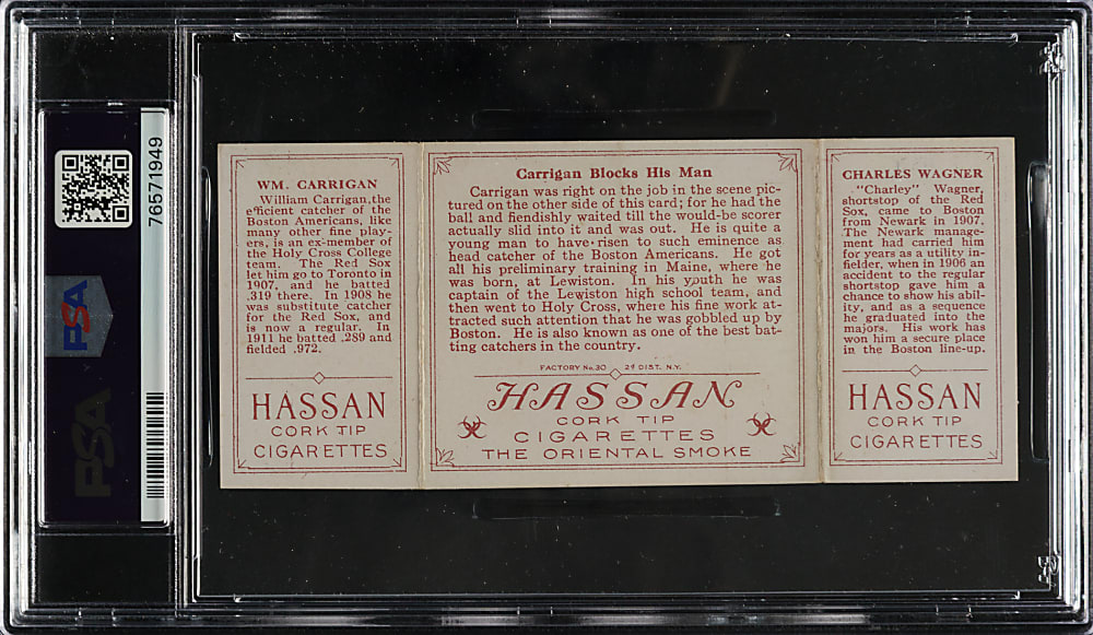1912 T202 Hassan Triple Folder "Carrigan Blocks His Man" Carrigan/Wagner PSA EX 5