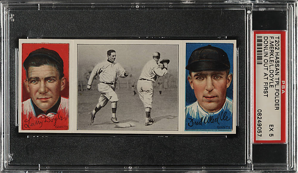 1912 T202 Hassan Triple Folder "Donlin Out At First" Doyle/Merkle PSA EX 5
