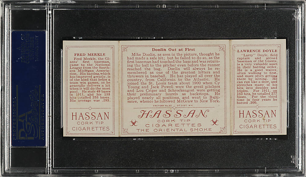 1912 T202 Hassan Triple Folder "Donlin Out At First" Doyle/Merkle PSA EX 5