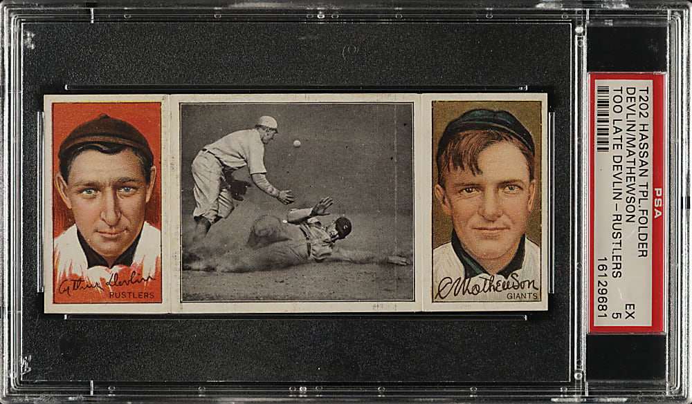 1912 T202 Hassan Triple Folder "Too Late for Devlin" Christy Mathewson/Devlin (Rustlers) PSA EX 5