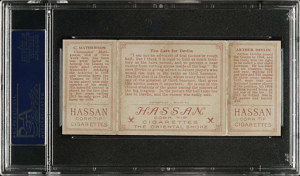 1912 T202 Hassan Triple Folder "Too Late for Devlin" Christy Mathewson/Devlin (Rustlers) PSA EX 5