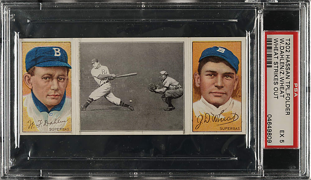 1912 T202 Hassan Triple Folder "Wheat Strikes Out" Zack Wheat/Dahlen PSA EX 5