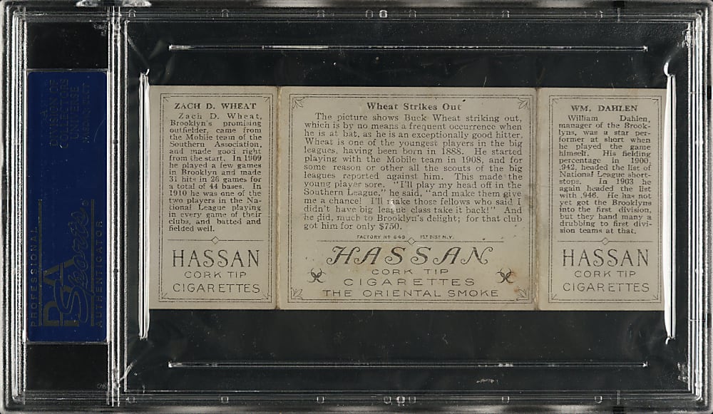 1912 T202 Hassan Triple Folder "Wheat Strikes Out" Zack Wheat/Dahlen PSA EX 5