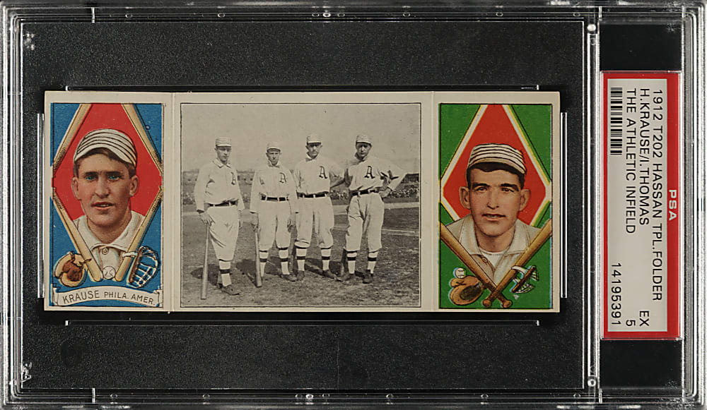 1912 T202 Hassan Triple Folder "The Athletic Infield" Thomas/Krause PSA EX 5