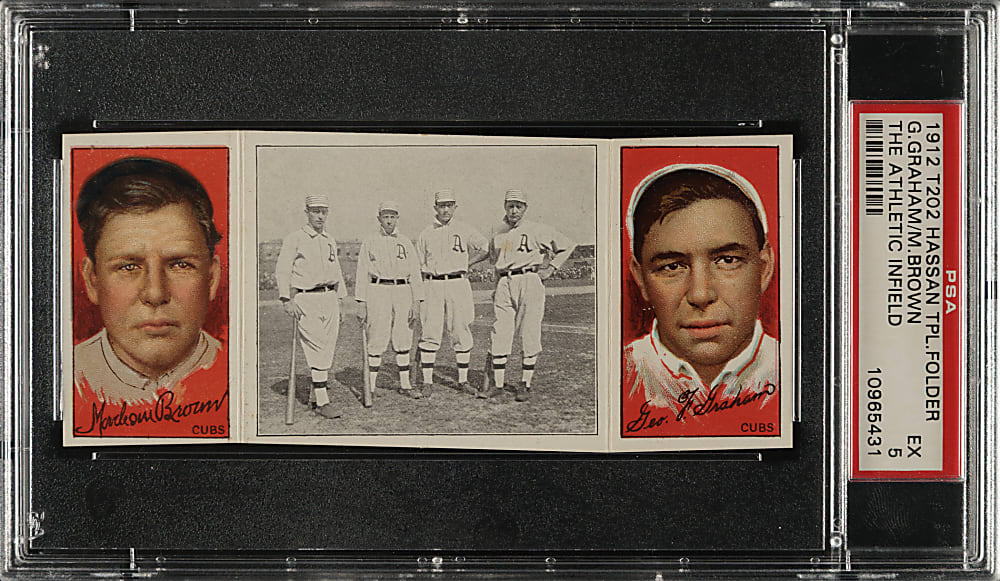 1912 T202 Hassan Triple Folders "The Athletic Infield" Mordecai Brown/Graham PSA EX 5