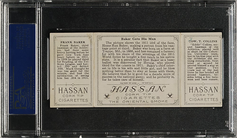 1912 T202 Hassan Triple Folder "Baker Gets His Man" Frank Baker/Eddie Collins PSA EX 5