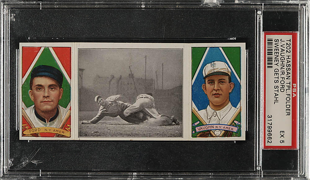 1912 T202 Hassan Triple Folder "Sweeney Gets Stahl" Ford/Vaughn PSA EX 5