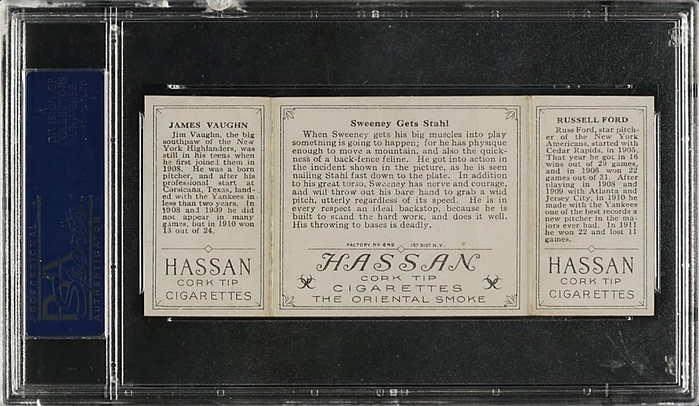1912 T202 Hassan Triple Folder "Sweeney Gets Stahl" Ford/Vaughn PSA EX 5