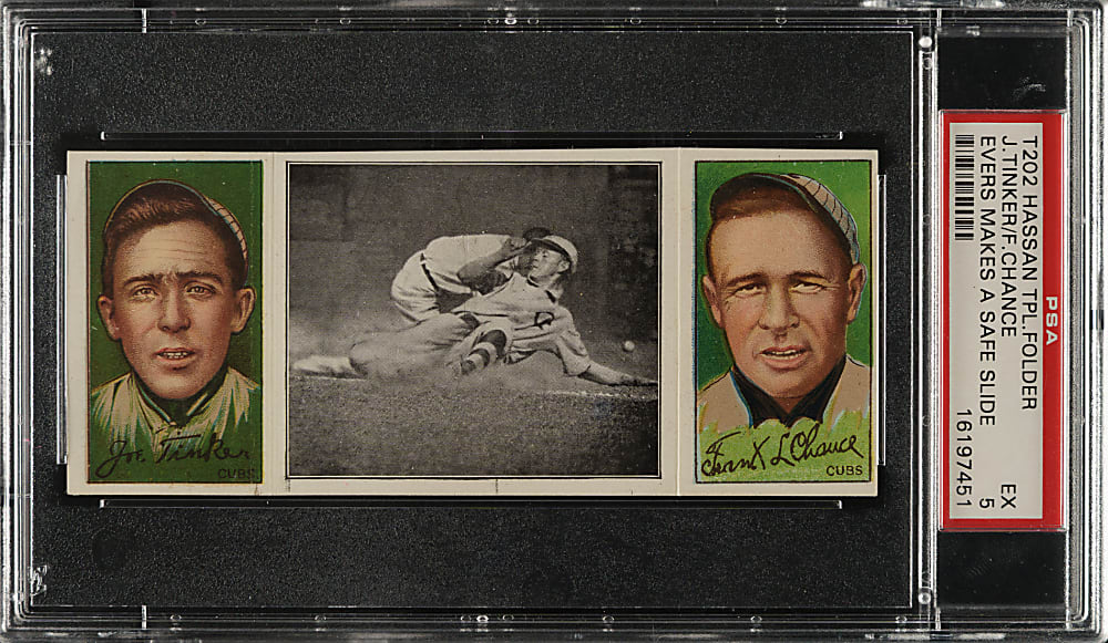 1912 T202 Hassan Triple Folder "Evers Makes A Safe Slide" Joe Tinker/Frank Chance PSA EX 5