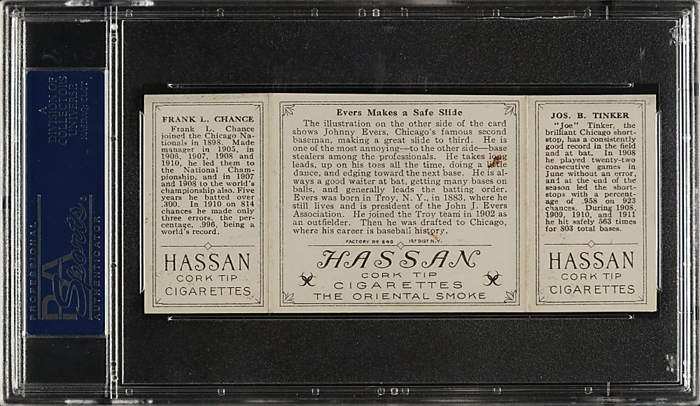 1912 T202 Hassan Triple Folder "Evers Makes A Safe Slide" Joe Tinker/Frank Chance PSA EX 5
