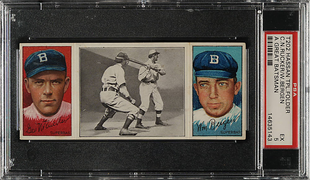 1912 T202 Hassan Triple Folder "A Great Batsman" Rucker/Bergen PSA EX 5