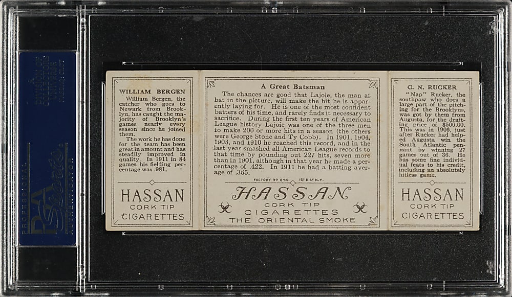 1912 T202 Hassan Triple Folder "A Great Batsman" Rucker/Bergen PSA EX 5