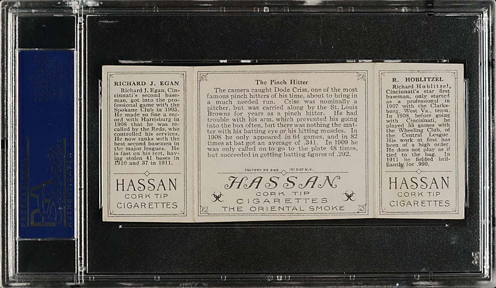 1912 T202 Hassan Triple Folder "The Pinch Hitter" Hoblitzel/Egan PSA EX 5