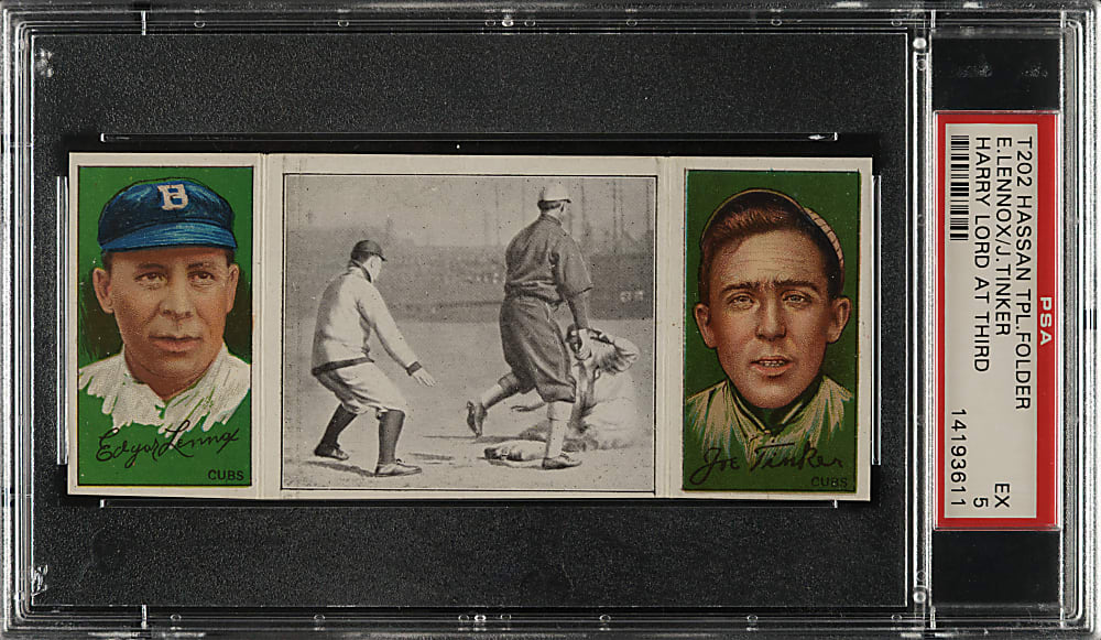 1912 T202 Hassan Triple Folder "Harry Lord at Third" Joe Tinker/Lennox PSA EX 5