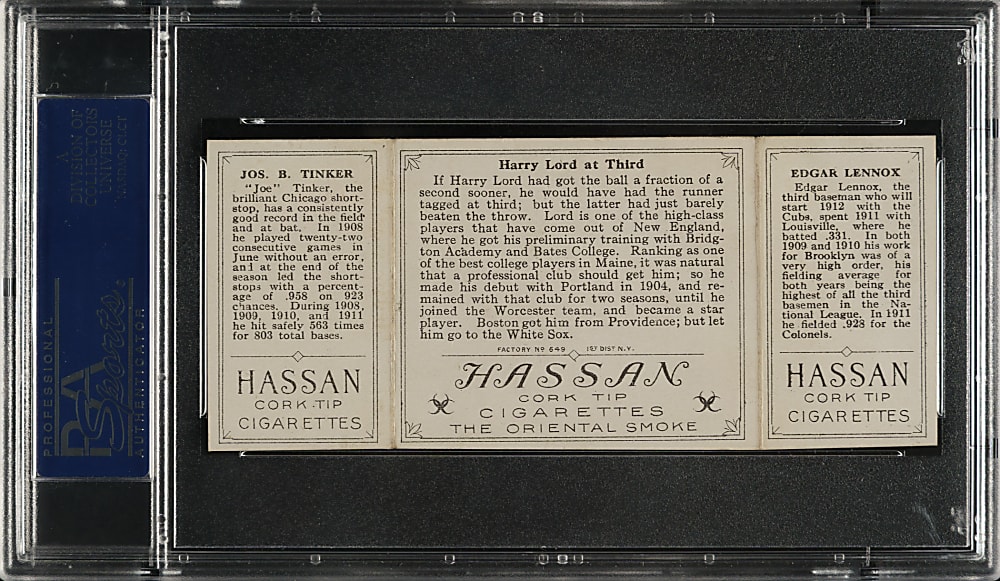 1912 T202 Hassan Triple Folder "Harry Lord at Third" Joe Tinker/Lennox PSA EX 5